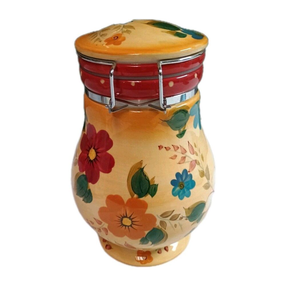 VTG Oneida Sunset Bouquet Hand Painted Ceramic Canister Airtight Hinged Lid 8" - Picture 13 of 16